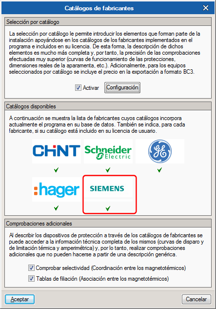 CYPELEC REBT. Características técnicas por catálogo. Productos SIEMENS